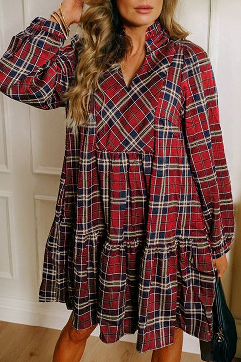 Plaid Frilled Collar Notched V Neck Tiered Long Sleeve Mini Dress
